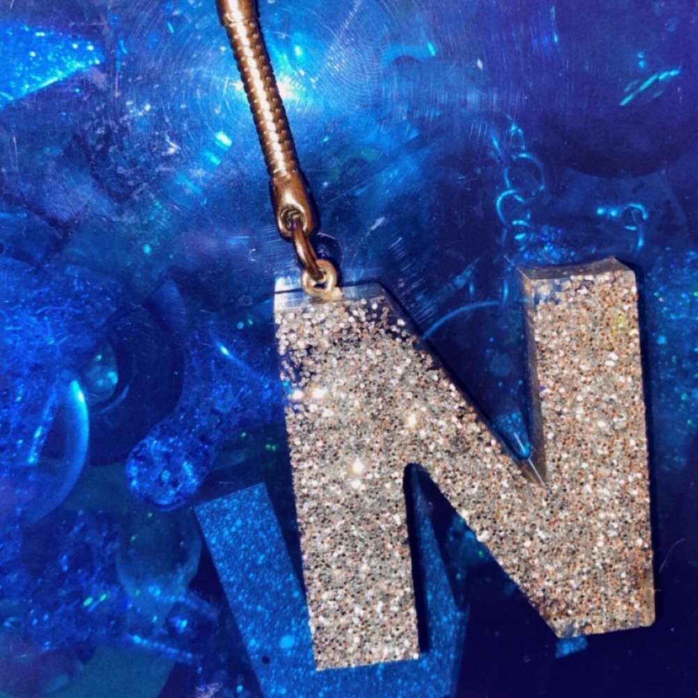Clear w/ Silver Sparkle Resin Keychain, Letter “N”
